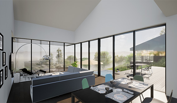 Im zweigeschoßigen Wohnbereich öffnet großzügige Verglasung und eine dreiseitig ausgerichtete Loggia den Blick in die Landschaft